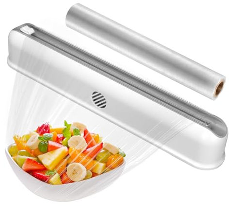 BriSunshine Cling Film Dispenser and Cutter, Magnetic Tin Foil Dispenser Refillable Plastic Wrap Cutter with Suction Cup for Kitchen Home Restaurant, 1 Cling Film Roll Included (White)