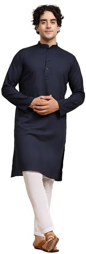 SKAVIJ Tunique en Coton pour Homme Kurta Pyjama Indian Yoga Casual Dress Set (Bleu, 3X-Large)