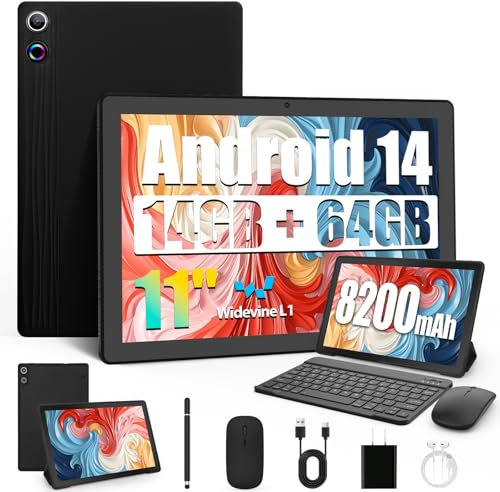 Laptok 2025 Newest Tablet 11 Zoll Android 14 Octa-Core mit 14GB RAM+64GB ROM (TF 1TB), 6800mAh, Widevine L1, WiFi 6, Bluetooth5.0, Type-C, Tablet mit Tastatur Maus - Schwarz
