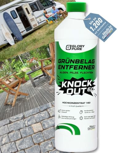 GLORYPURE Grünbelag-Entferner KNOCK OUT 60 | Hochkonzentrat bis zu 1.200 m², extrem starker Wirkstoff, effektiv gegen Algen & Flechten | Terrasse, Gehwege, Fassaden, Camper | Der stärkste seiner Art