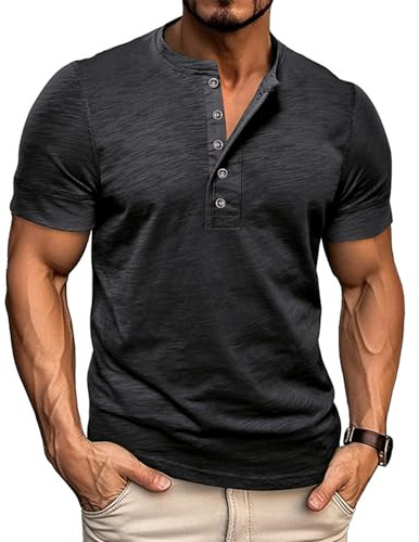 Volemo Henley T-Shirt Hommes Manches Courtes Col Rond Boutons Tee Shirt Taille Normale S-3XL (Noir,XXL)