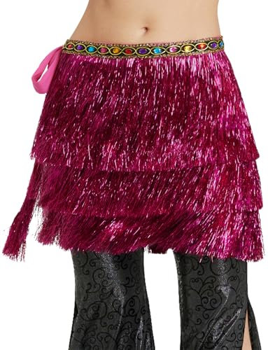 SEAUR Höftduk dam fest karneval fransar omlottbälte metallisk look glitter bälte kjol magdans latin höftduk lätthet, Rosaröd, one size