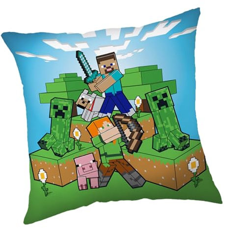 Minecraft Creeper Kissen, 40 x 40 cm, Doppelseitig Bedruckt, Superweich, Polyester Kuschelkissen (Hellblau)