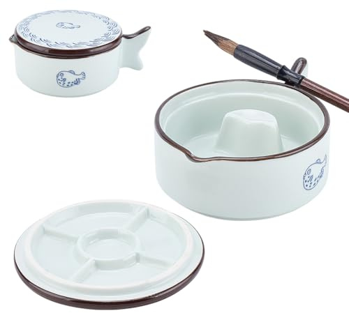 PH PandaHall Piatto per Inchiostro In Porcellana, Calamaio Cinese A Forma di Pesce Piatto In Ceramica con Portapennelli Ciotola per Calligrafia Pittura Pratica Cinese Giapponese