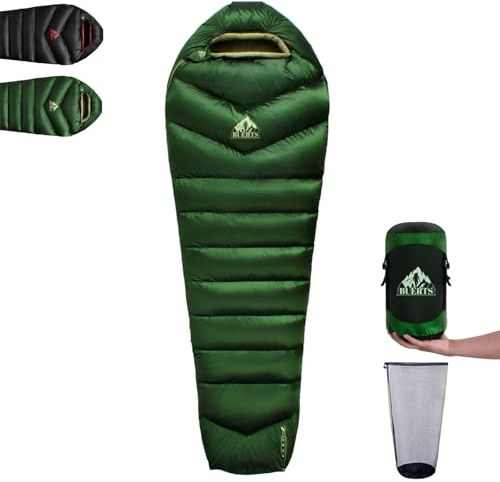 BUERTS Daunenschlafsack für den Winter – Ultraleichter, tragbarer und kompakter Winterschlafsack für Outdoor-Aktivitäten, geeignet für Erwachsene und Kinder, Camping, Wandern. (5℃, Grün)