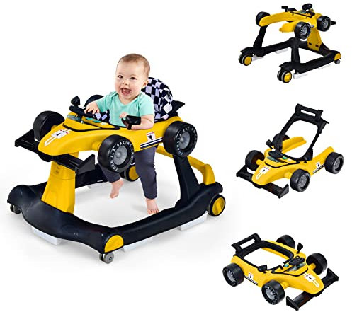 FANTASK 4 in 1 Lauflernhilfe, Baby Walker Autoförmig mit Musikbox, Licht & Rädern, Lauflernwagen klappbar mit einstellbarer Höhe & Geschwindigkeit, Gehfrei Baby ab 6 Monaten, 12kg Belastbar(Gelb)