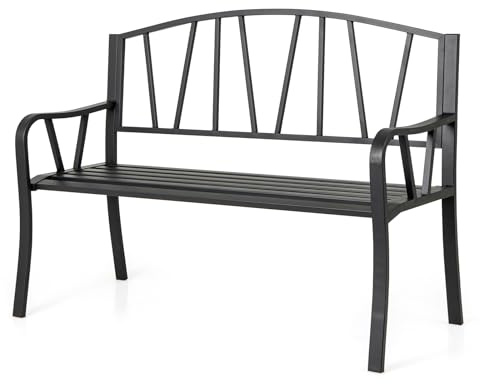 GIANTEX Panca esterna da giardino, seduta a doghe per 2-3 persone, capacità 300 kg, schienale semplice, braccioli curvi, panca da giardino in metallo robusto per terrazza, parco (129 x 53 x 93 cm)