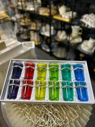 Générique Set de 12 Verres à Thé Orientaux Colorés – Verres en Cristal Coloré avec Bordure Argentée – Idéal pour Thé, Apéritifs ou Dégustation – Style Marocain/Oriental – Multicolore