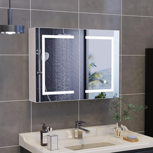 LIVLUX Armoire de Toilette Miroir avec Éclairage LED 80x13x60cm,Montage Mural, Étagères Réglables, Luminosité et Température Couleur Ajustables, Blanc (Double Porte, 80x13x60cm)