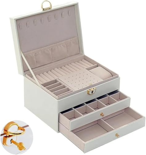Zbozzba portagioie a 3 livelli, portagioie impilabile, scatola portaoggetti con serratura, con 2 cassetti, chiave e scomparti, per orecchini collane bracciali anelli (Bianco perla)