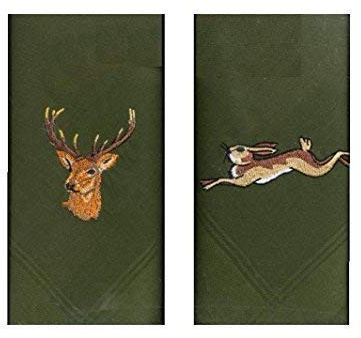 Two 40cm Square cotton embroidered green handkerchiefs with a stag head on one and a running hare on the other
