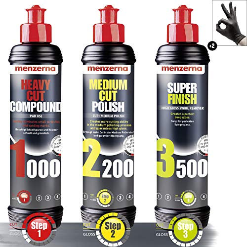 Detailmate Politur Bundle: Schutzhandschuhe + Menzerna Heavy Cut Compound 1000, Medium Cut Polish 2200 & Super Finish 3500 (Je 250ml)