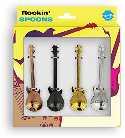 Winkee - Gitarren Kaffeelöffel 4er Set - Stylische Löffel in Gitarren Look | Teelöffel Multicolor | Esspressolöffel | Eierlöffel | Edelstahl | Geschenk an Weihnachten, Geburtstag, Valentinstag