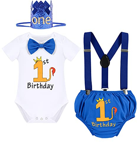 1st Birthday Outfits for Baby Girls Boys Gentleman Animal Jungle Lion Romper+Diaper Cover Shorts PP Pants+Y-Back Suspenders+Crown Headband 4pcs Set Cake Smash Photo Shoot Royal Blue-1st 6-12 Months