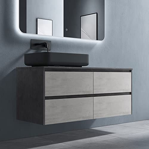 doporro Mobile Bagno Sospeso 120 cm Naturale Chiaro, Mobiletto Sottolavabo con Lavabo da Appoggio in Marmoresina Antracite e 4 Cassetti Soft Close, Mobili Arredo Bagno Spazioso Normal