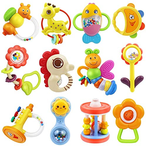 MOONTOY Baby Rassel BeißRing Set Baby Spielzeug ab 0 1 2 3 4 5 6 7 8 9 10 11 12 Monate, 12PCS Shaker Greifen Beissring Motorikspielzeug Neugeborene Babyspielzeug Geschenk FüR Junge MäDchen Kleinkinder