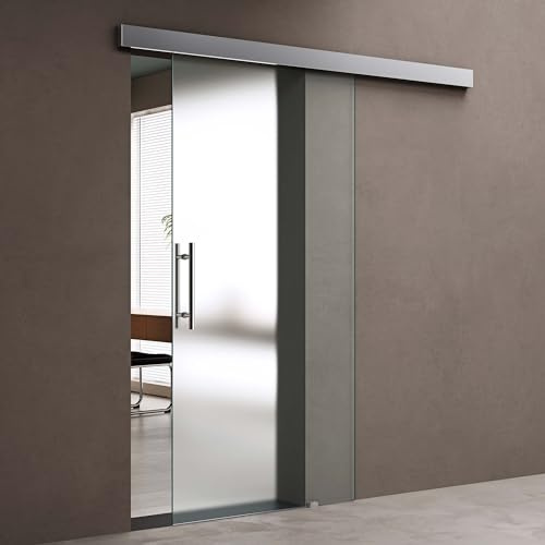 doporro Porta Scorrevole in Vetro 90x215cm, Porta Scorrevole con Sistema Softclose in Vetro Satinato 8mm con Binario e Maniglia Per Asta per Bagno Cucina Studio Ufficio, Amalfi TS14H-900