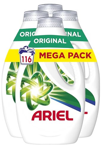 Ariel Detergente Lavadora Liquido 116 Lavados (4x29), Original, Jabon Limpieza Mejorada en Ciclos Mas Frios con la Exclusiva Tecnologia de Limpieza en Frio, Paquete de 4