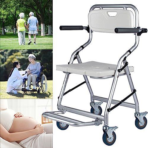 Sedia da Doccia con Rotelle, Sedile da Sgabello Bagno Pieghevole per Anziani e Disabili, Sgabello Doccia con Braccioli e Schienale - Quattro Ruote con Freni, Antiscivolo, Carico 150 kg