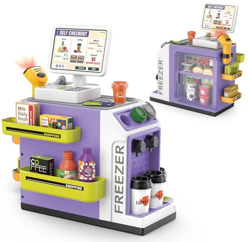 Sotodik 46PCS Cash Register Playset for Kids with Water Outlet Function Pretend Play Coffee Machine, Mini Supermarket Grocery Store with Money, Scanner,Play Foods, Gift for Boys and Girls（Purple）