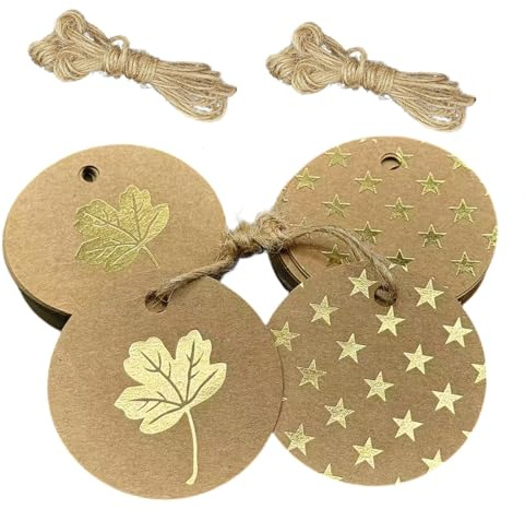 Étiquettes Cadeau en Papier Kraft Éco-responsable - 72 Étiquettes Rondes Motifs Feuilles & Étoiles Dorées avec Ficelle Jute - Pour Emballage Cadeau DIY, Fêtes, Anniversaires, Mariages (Lot de 72)