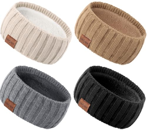 DRESHOW Women Warm Knitted Headband Cold Winter Ear Warmer Elastic Crochet Head Wraps Thick Fleece Lining Hair Bands