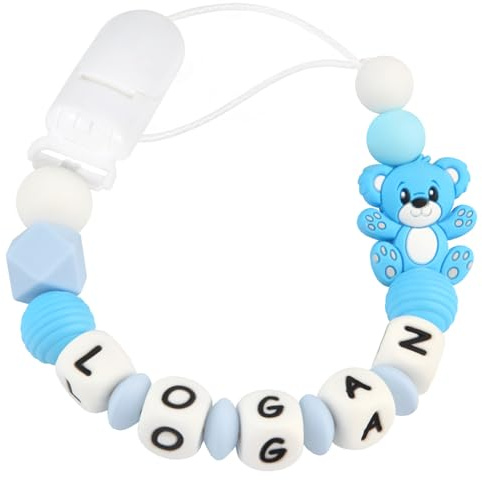 Kowlone Attache Sucette Nom Personnalisé Prenom Silicones Teddy Ours Attache Tétine en Clips Chaîne pour Bébé Filles Garçons(Bleu)