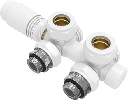 EMKE Robinetterie de vanne de radiateur multibloc - Accessoire de chauffage - Angle et forme de passage 50 mm - Bloc de robinet de radiateur avec thermostat (Pour tuyaux de 15 mm + 16 mm x G1/2, 1