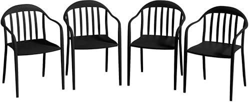 Outsunny Set 4 Sedie da Giardino Impilabili con Schienale e Braccioli, Sedie per Esterno in PP, Resistente ai Raggi UV e Impermeabile, 57x54x78 cm, Nero