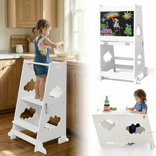 KIDINIX Torre de aprendizaje 3 en 1 Montessori Learning Tower con barandilla de seguridad y pizarra, silla de aprendizaje plegable para niños con función de mesa para cocina, baño, color blanco