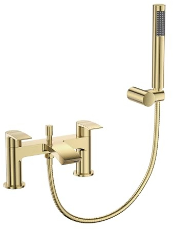 VeeBath Cascade Mitigeur bain/douche – Finition laiton brossé, entrée G3/4, double levier, mitigeur de baignoire monté sur pont avec pomme de douche ronde, robinet de salle de bain moderne à double