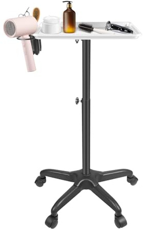 Fyssnn Chariot de coiffeur réglable en hauteur amovible avec roues à 360° et plateau et support pour sèche-cheveux, plateau de tatouage, plateau de salon, pour salon de tatouage, maison, argenté