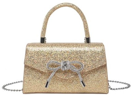 XFSRG glittrande damhandväska clutch med rosett elegant aftonväska för fester och bröllop silver handväska dam axelväska, Guld, L