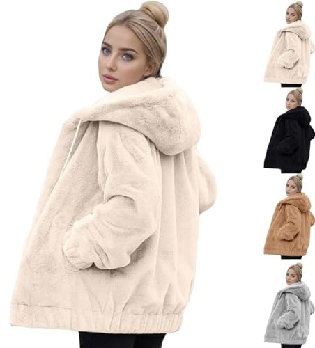 Winter Fleece Jackets for Women UK Zip Up Fuzzy Teddy Coats Cozy Hooded Sherpa Cardigans Ladies Fluffy Oversized Drawstring Faux Fur Hoodies with Posckets Warm Solid Color Outdoor Sweater Outwear Grey