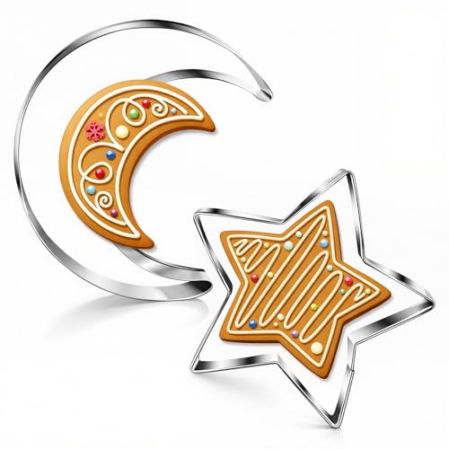 Juego de 2 cortadores de galletas de acero inoxidable con forma de estrella y luna, ideales para sándwiches, fondant y donuts