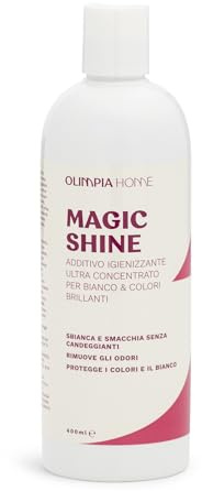 Magic Shine OlimpiaHome- Additivo Igienizzante Smacchiatore Ultra Concentrato | Sbiancante Bucato Senza Candeggina per Bianchi e Colorati | Smacchiatore Tessuti e Vestiti Attivo da 20°C | 400ml