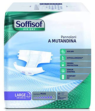 SILC SOFFISOF Air Dry, Elastische Windelhosen für Erwachsene, Large-Größe, Hohe oder Schwere Inkontinenz, Maxi-Saugstärke, für die Nacht, 4 Packungen mit je 15 Stücken.