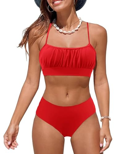Costumi da Bagno per Donna a Due Pezzi Ruched Bandeau Bikini Set Regolabile Tracolla Costumi Donna Imbottito Push Up Bikini Top Sgambata a Vita Alta Fond Beachwear Swimwear(Vino Rosso,L)