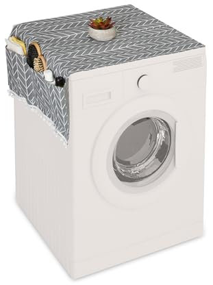 Relaxdays Waschmaschinenauflage mit Taschen, Polyester, Abdeckung für Waschmaschine, Trockner, Kühlschrank, grau/creme
