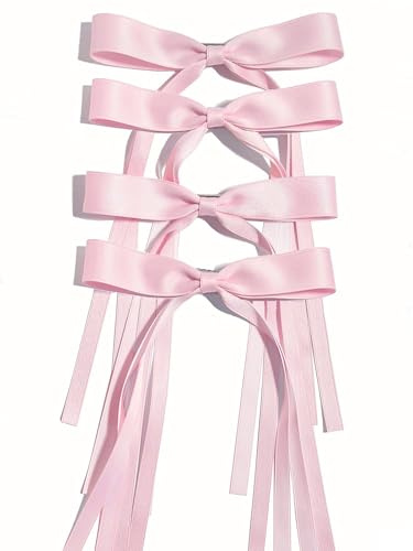 Ayesha Pink Hair Bows Clips Hair Ribbon Bowknot with Long Tail Pink Bows Barrettes Hair Accessories for Women Girls 4PCS
