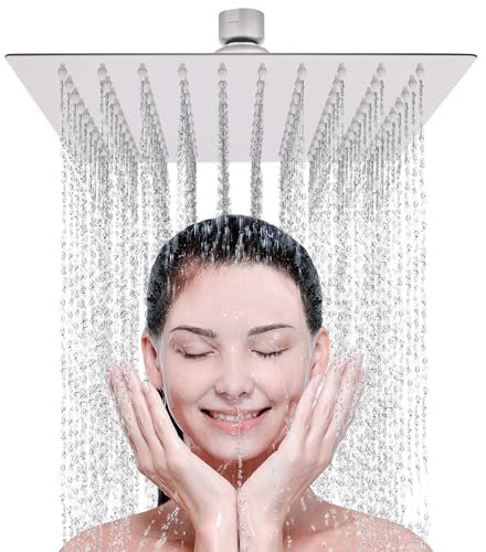 LIVOREST Square Rainfall Shower Head - 10 inch Large, Overhead Fixed Rain Showerhead with Angle Adjustment - Stainless Steel 304 with Chrome Finish - Standard Fitting, Easy Replacement