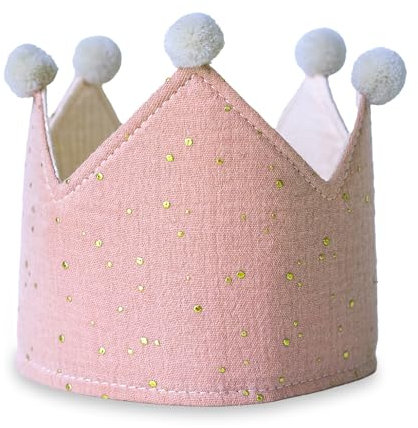 Papierdrachen Musselin Geburtstagskrone mit Bedruckung in Rosa | Dekorative Krone aus Musselinstoff für Baby & Kindergeburtstage | Party Deko Hut für Jungen & Mädchen - Set 1