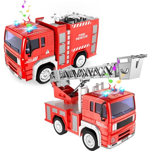 TOYABI 2pcs Camion de Pompier, Enfant Jouet avec Lumières Sons, 1:20 Voiture Pompier Jouets avec éChelle Rotative De Sauvetage, Cadeau pour Enfants Garçons 3 4 5 6 Ans