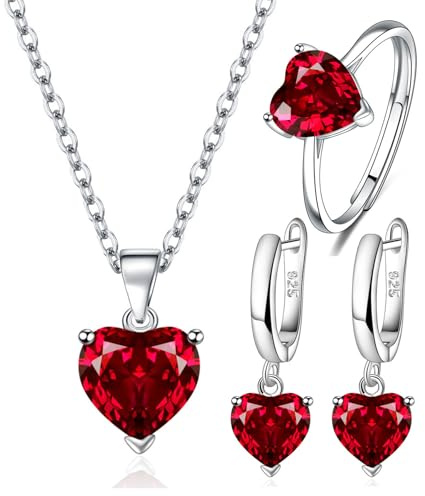 CERSLIMO Jewellery Set for Women Girls - 14K White Gold Plated Cubic Zirconia Necklace/Dangle Earrings/Rings for Ladies, Small Clear Red Crystal Jewellery Set Wedding Gifts Birthday Christmas
