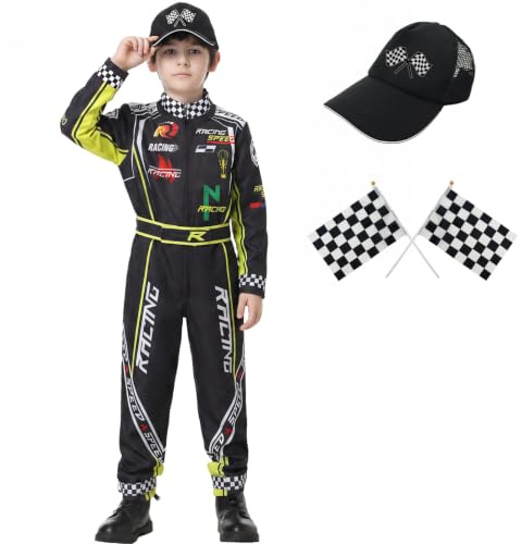KUKIKUKI Disfraz de Conductor de Coche de Carreras para Niños Mono de Carrero con Gorra de Coche para Niños Disfraz para Halloween (Negro, 150)