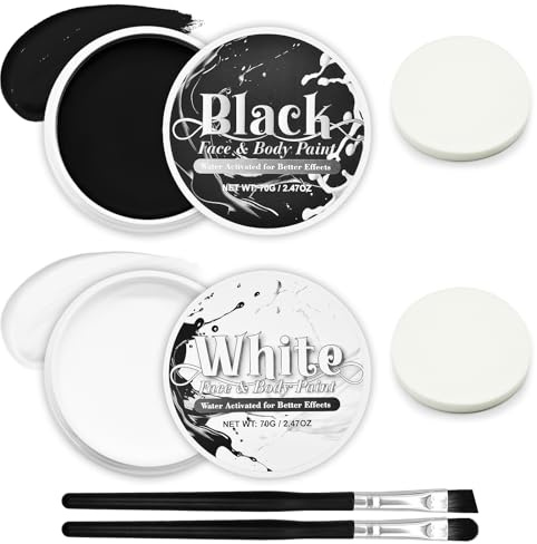 Halloween Cosplay SFX Makeup Black + White Face Body Paint with Brushes Sponge, Skeleton Ghost Joker Clown Skull Corpse Cosplay Costume Accessories Special Effects Kit Full Coverage Paints for Adults