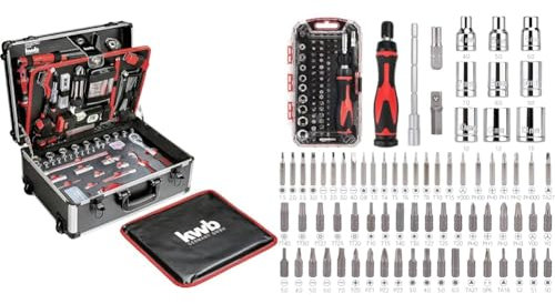 kwb Werkzeugkoffer mit Trolley-Funktion, 175-teilig, gefüllt & Amazon Basics Ratschenschlüssel magnetisch und PräzisionsSchraubendreher für Elektronik, 73 Stück, 1er-Pack, Schwarz/Silber/Rot