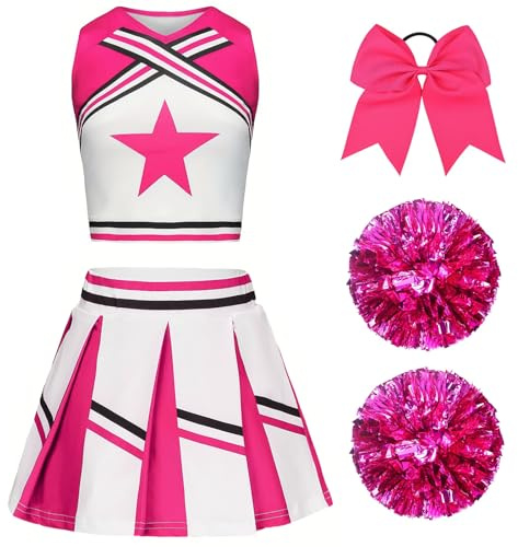 XFOZDM Deguisement Pompom Girl Fille, Deguisement Cheerleader Fille, Uniforme de Pompom Girl Fille avec Pompoms et Chaussettes Robe de Pompom Costume pour Enfant Halloween Carnaval Mascarade