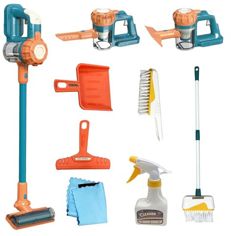 Kinder Staubsauger, die wirklich funktioniert 9Pcs Aged 3+ Reinigung Set für Kleinkinder Spielzeug Cleaner Kinder Besen und Kehrblech Set Schrubber Bürsten Junge Mädchen Geschenke (950Blau)