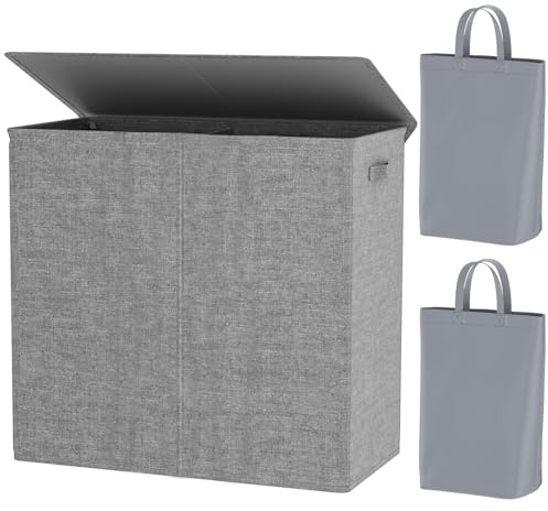 Chrislley 154L Double Laundry Basket with lid and Removable Laundry Bags Large Collapsible 2 Dividers washing basket with Handles for Bedroom Laundry Room Closet Bathroom College